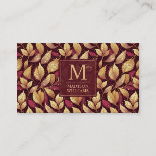 Red Maroon Gold Glitter Autumn Leaves Pattern Business Card