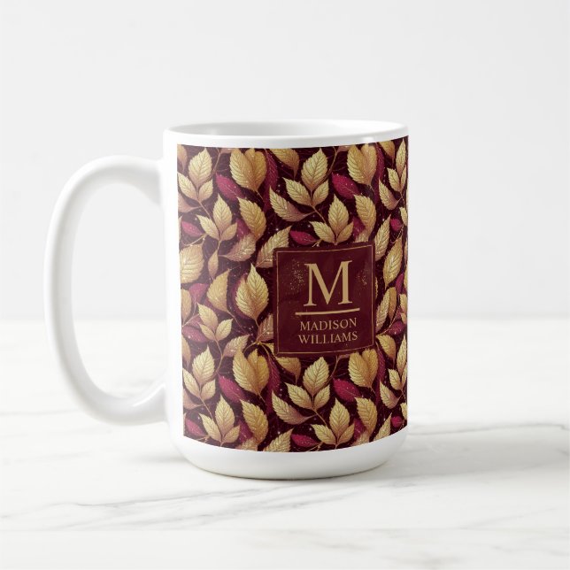Red Maroon Gold Glitter Autumn Leaves Pattern Coffee Mug (Left)