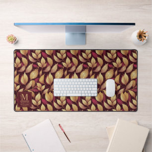 Red Maroon Gold Glitter Autumn Leaves Pattern Desk Mat