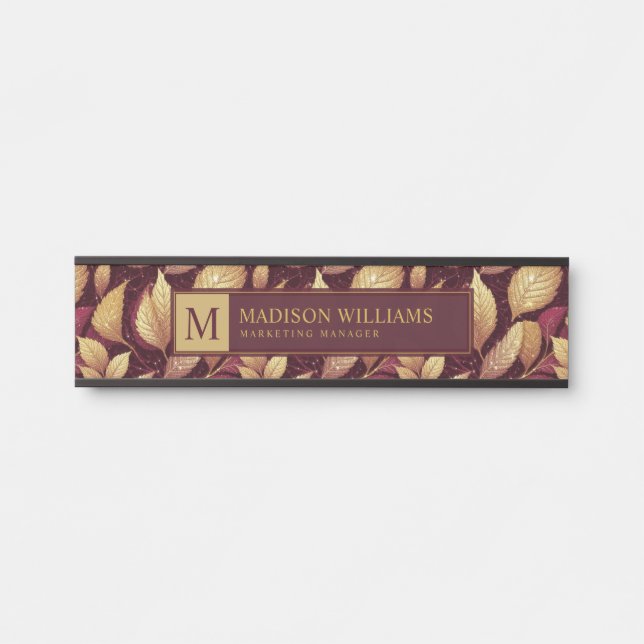 Red Maroon Gold Glitter Autumn Leaves Pattern Door Sign (Front)