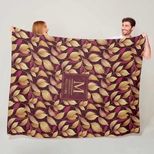 Red Maroon Gold Glitter Autumn Leaves Pattern Fleece Blanket (In Situ)