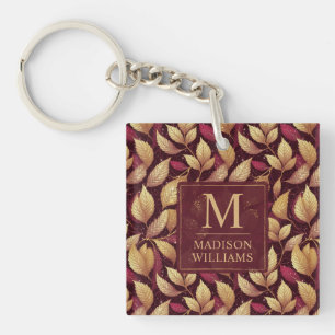 Red Maroon Gold Glitter Autumn Leaves Pattern Key Ring