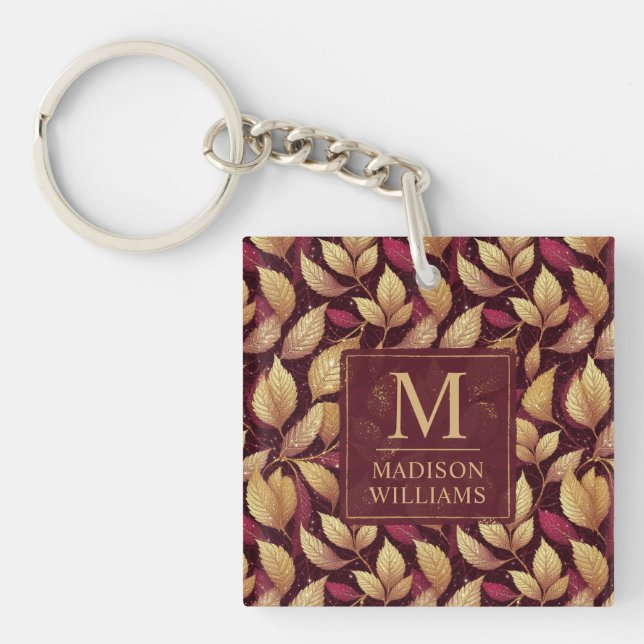 Red Maroon Gold Glitter Autumn Leaves Pattern Key Ring (Front)