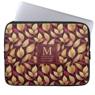 Red Maroon Gold Glitter Autumn Leaves Pattern Laptop Sleeve