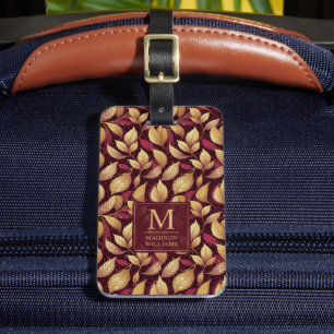 Red Maroon Gold Glitter Autumn Leaves Pattern Luggage Tag