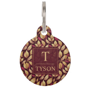 Red Maroon Gold Glitter Autumn Leaves Pattern Pet Tag