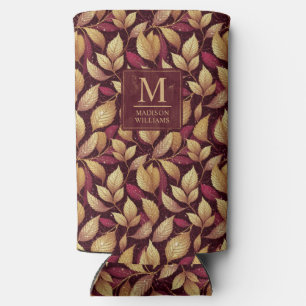 Red Maroon Gold Glitter Autumn Leaves Pattern Seltzer Can Cooler