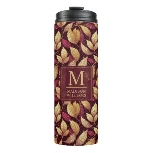 Red Maroon Gold Glitter Autumn Leaves Pattern Thermal Tumbler