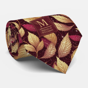 Red Maroon Gold Glitter Autumn Leaves Pattern Tie