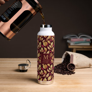 Red Maroon Gold Glitter Autumn Leaves Pattern Water Bottle