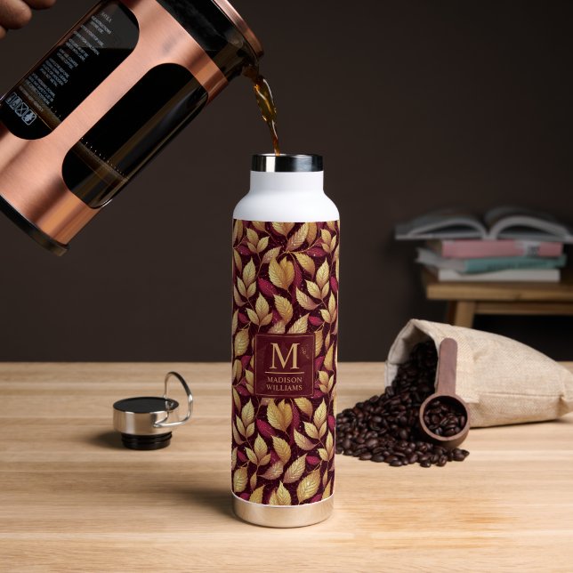 Red Maroon Gold Glitter Autumn Leaves Pattern Water Bottle (Coffee (Rotated))