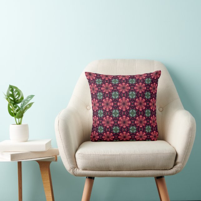Red Maroon Green Abstract Floral Pattern Cushion (Chair)
