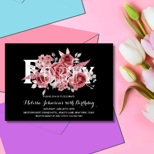 Red Maroon Greenery Floral 40th Black Birthday Invitation