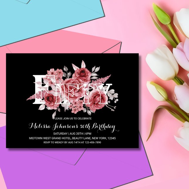Red Maroon Greenery Floral 50th Black Birthday Invitation (Creator Uploaded)
