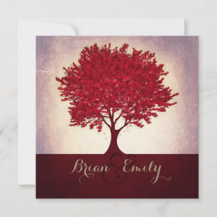 Red maroon heart leaves tree wedding invitations