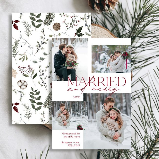 Red Married & Merry Modern Photo Newlywed Holiday (Easily personalize this newlywed photo holiday card with your favorite image and deets)
