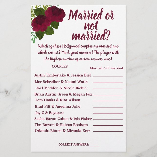 RED MARRIED OR NOT MARRIED SHOWER GAME CARD (Front)