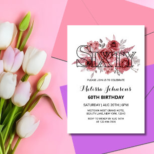 Red Marron Rose Greenery Floral 60th Birthday Invitation