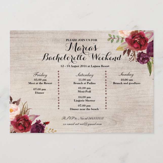 Red Marsala Fall Bachelorette Party Itinerary Programme (Front)