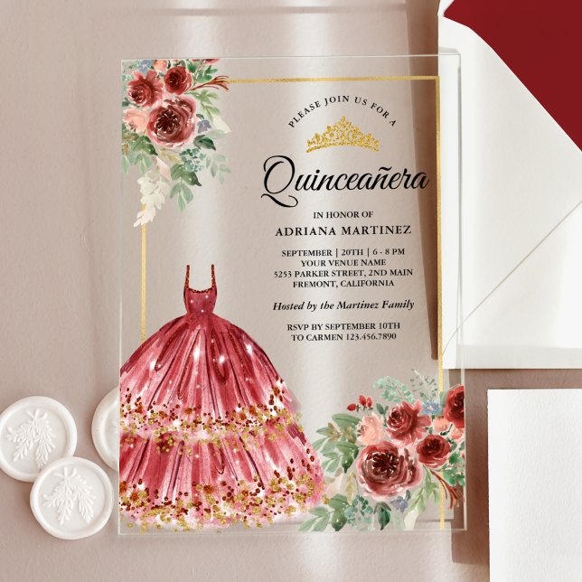 Red Marsala Floral Dress Gold Quinceanera Acrylic Invitations (Creator Uploaded)