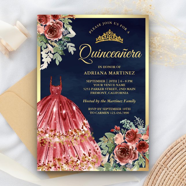 Red Marsala Floral Dress Navy Gold Quinceanera Invitation (Creator Uploaded)