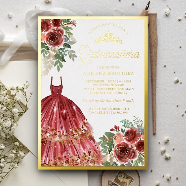 Red Marsala Floral Dress Quinceanera Gold (Creator Uploaded)