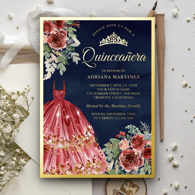 Red Marsala Floral Dress Quinceanera Navy Gold (Creator Uploaded)