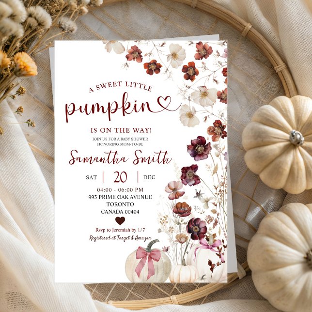 Red Marsala Pumpkin Autumn Wildflower Baby Shower Invitation (Creator Uploaded)
