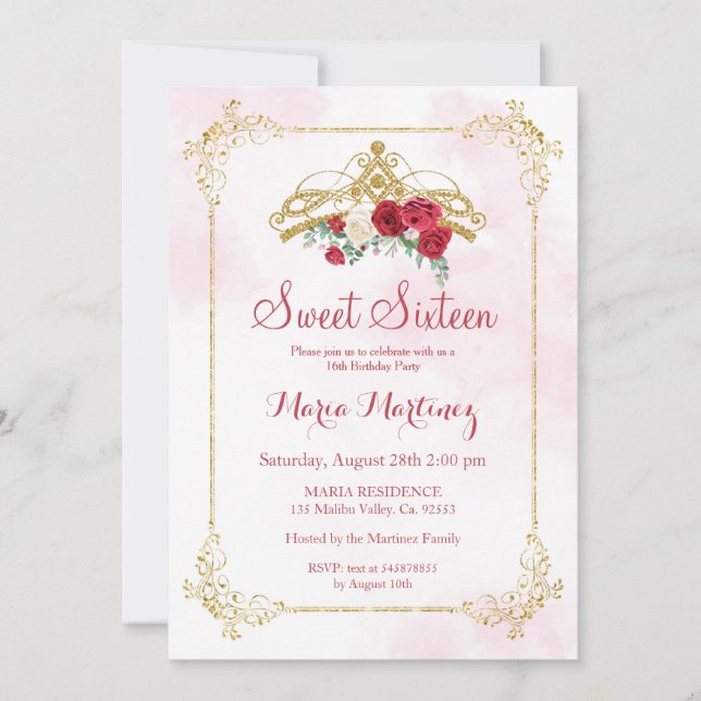 Red Marsala Roses Flowers Blush Pink Sweet 16  Invitation (Front)