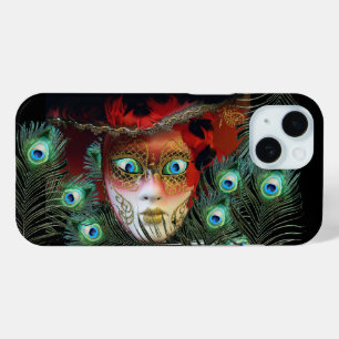 RED MASK WITH PEACOCK FEATHERS MASQUERADE PARTY iPhone 15 CASE