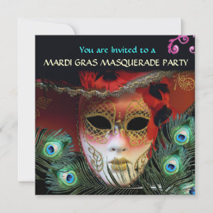 RED MASK WITH  PEACOCK FEATHERS MASQUERADE PARTY INVITATION
