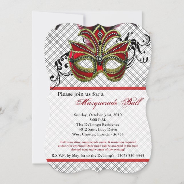Red Masquerade Ball Mask Costume Halloween Part Invitation (Front)
