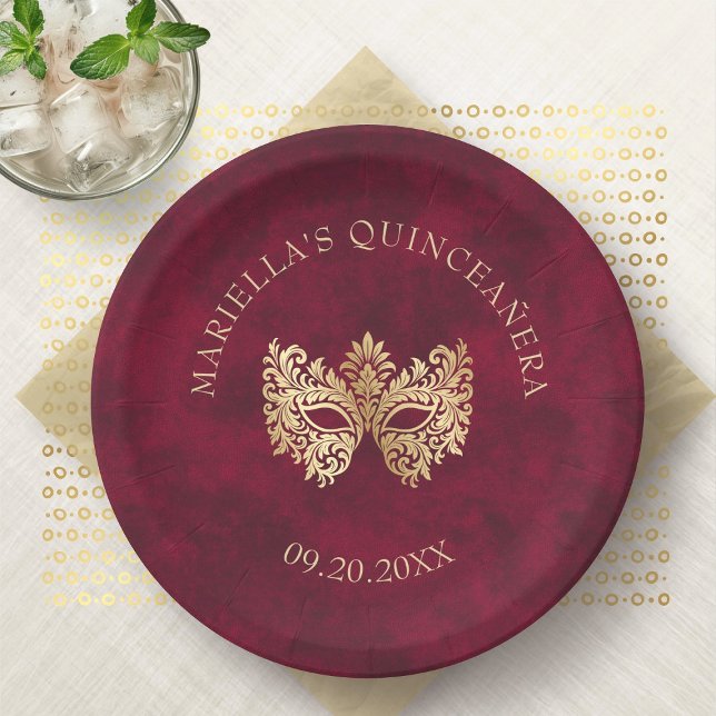 Red Masquerade Mask Elegant Quinceanera Paper Plate (Creator Uploaded)