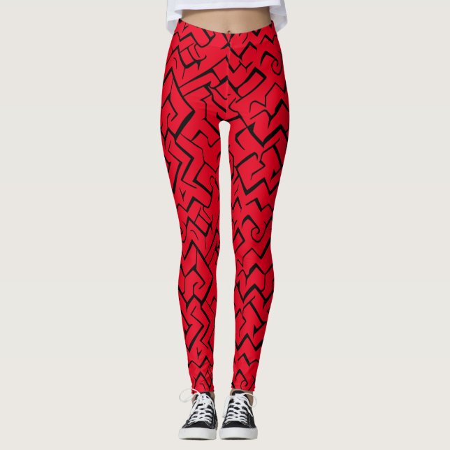 Red Meander Pattern | Modern Maze Leggings (Front)