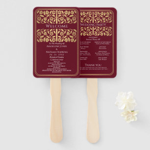 Red Mediaeval Gold Sword Royal Wedding Program Hand Fan