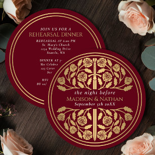 Red Mediaeval Gold Sword Royal Wedding Rehearsal Invitation