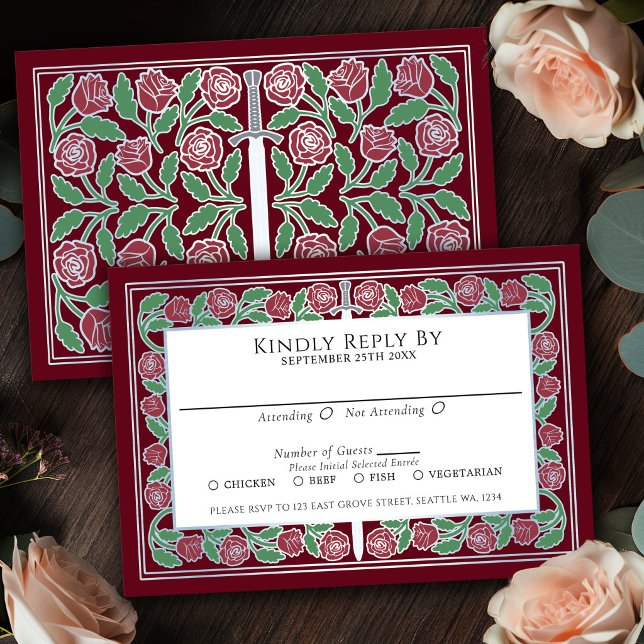 Red Mediaeval Silver Floral Sword Royal Wedding RSVP Card (Creator Uploaded)