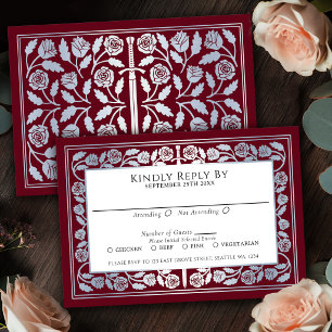 Red Mediaeval Silver Sword Royal Wedding RSVP Card