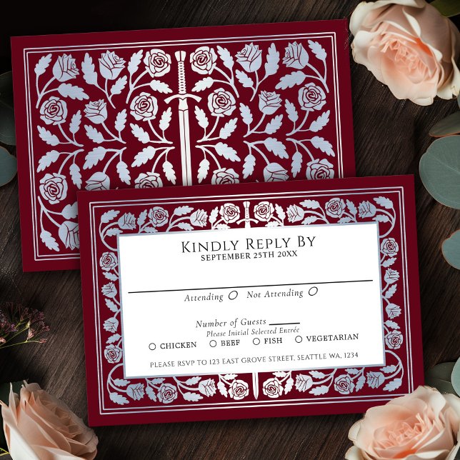 Red Mediaeval Silver Sword Royal Wedding RSVP Card (Creator Uploaded)