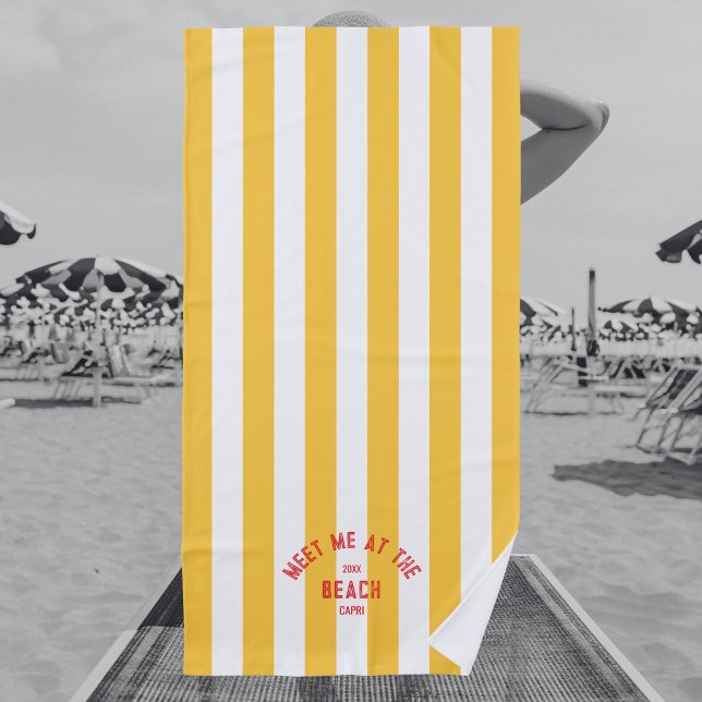 Red Meet Me At The Beach Yellow Cabana Stripe  Beach Towel (Creator Uploaded)