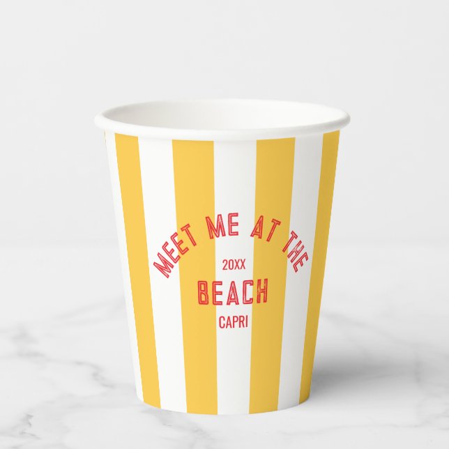 Red Meet Me At The Beach Yellow Cabana Stripe Paper Cups (Front)