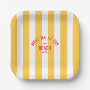 Red Meet Me At The Beach Yellow Cabana Stripe Paper Plate