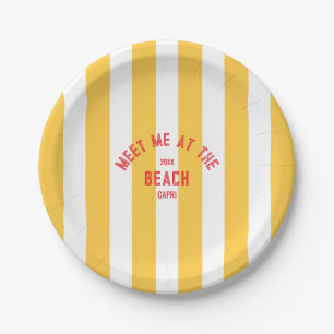 Red Meet Me At The Beach Yellow Stripe Paper Plate
