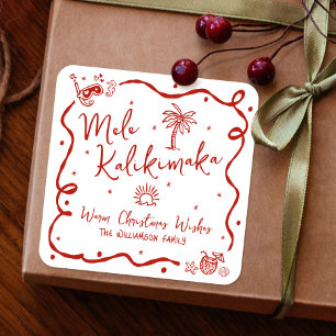 Red Mele Kalikimaka Hand Drawn Doodles Christmas Square Sticker