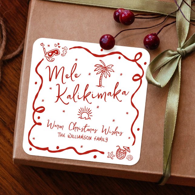 Red Mele Kalikimaka Hand Drawn Doodles Christmas Square Sticker (Creator Uploaded)