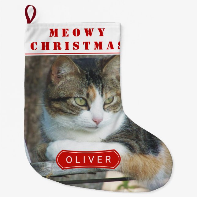 Red meowy Christmas cat pet Christmas photo Large Christmas Stocking (Front)
