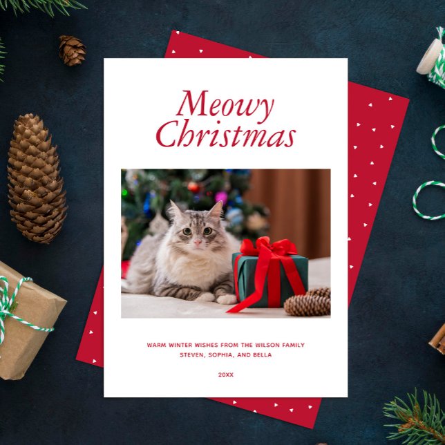  Red "Meowy Christmas" Personalised Photo Holiday Card (Creator Uploaded)