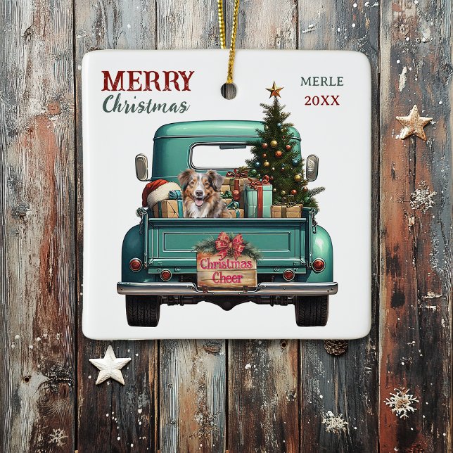 Red Merle Aussie Dog Retro Truck Christmas Ceramic Ornament (Creator Uploaded)