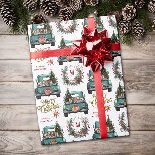 Red Merle Australian Shepherd Retro Truck Monogram Wrapping Paper