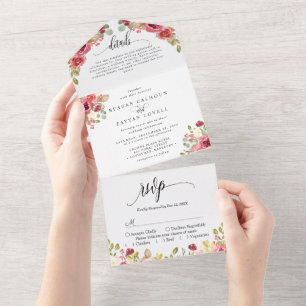 Red Merlot Floral Watercolor Wedding All In One Invitation